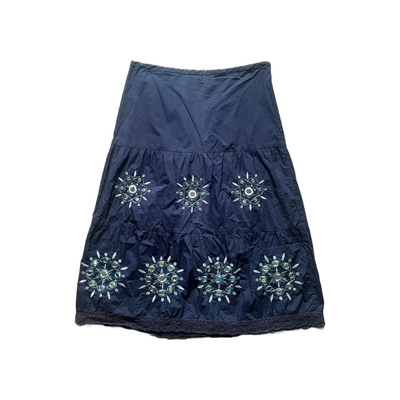Loft Midi Skirt 2 Navy Embroidered Mirror Crochet Fairy Whimsical Boho Hippie - Picture 1 of 10